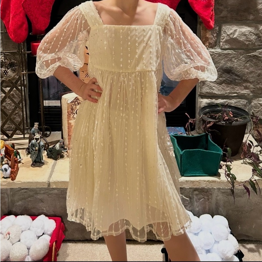 Wonder Nation Ivory Dress with Sheer Puff Sleeves